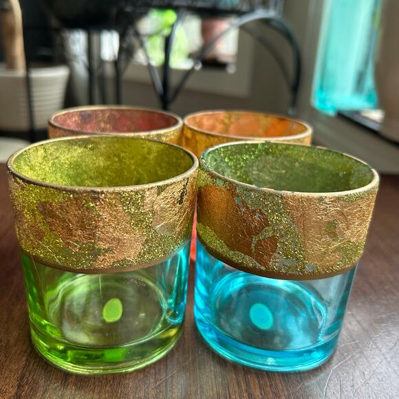 Set of 4 Colored Glass Boho Votive Holders  w/ Gold Foil Band elements - Picture 6 of 11